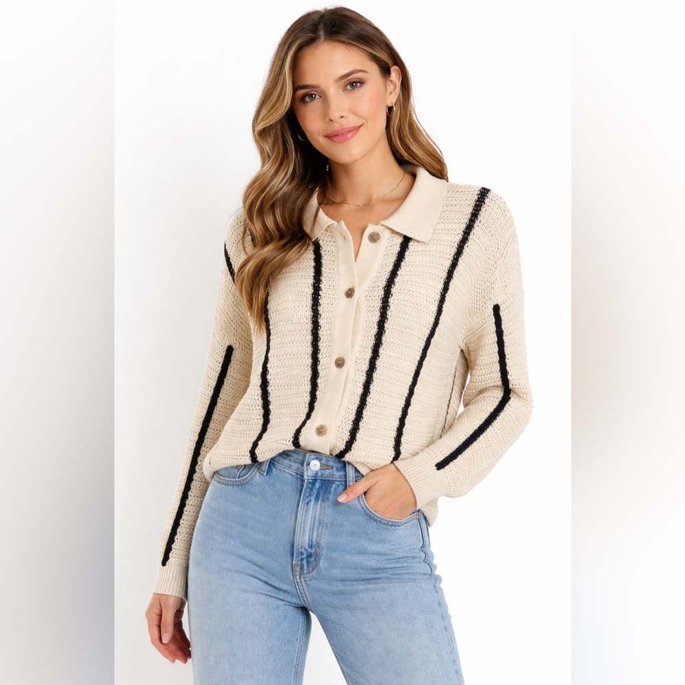 Blu Pepper Cream and Black Knit Button-Up Cardigan Size Large